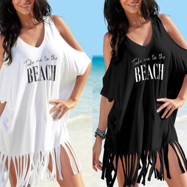 

women's swimwear loose blouse skirt summer letter print dress off shoulder v-neck beach bikini strapless swimsuit 2021, White;black