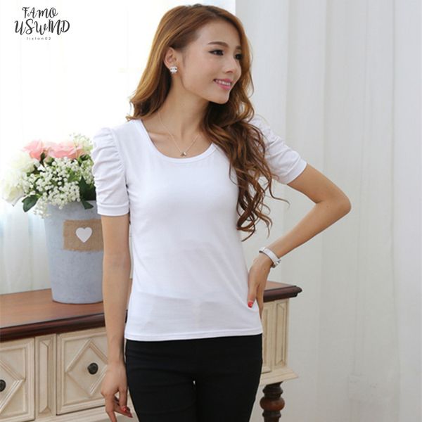 

2020 new summer large size womens short sleeved linen t shirt female bubble sleeves shrugging cotton compassion slim bottoming, White