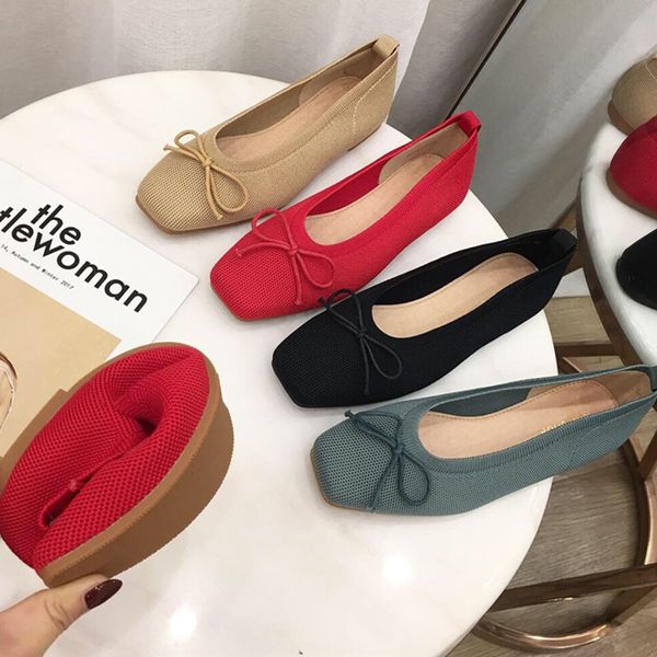 

2020 women flats ballet shoes breathable knitted square toe moccasin mixed color flat ballerina butterfly bow colorful red shoes, Black