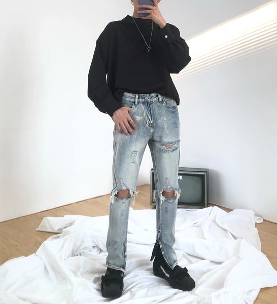 

nirben high street hole men's and zipper zipperwomen's fashion brand hip hop slim fit feet washed zipper shaved beggar pants, Blue