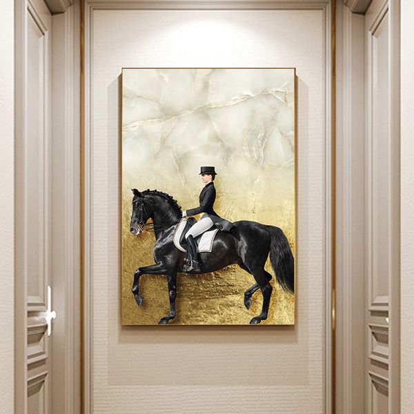 

golden horse knight in black cloth canvas art expensive poster luxurious wall pictures for living room home decor (no frame