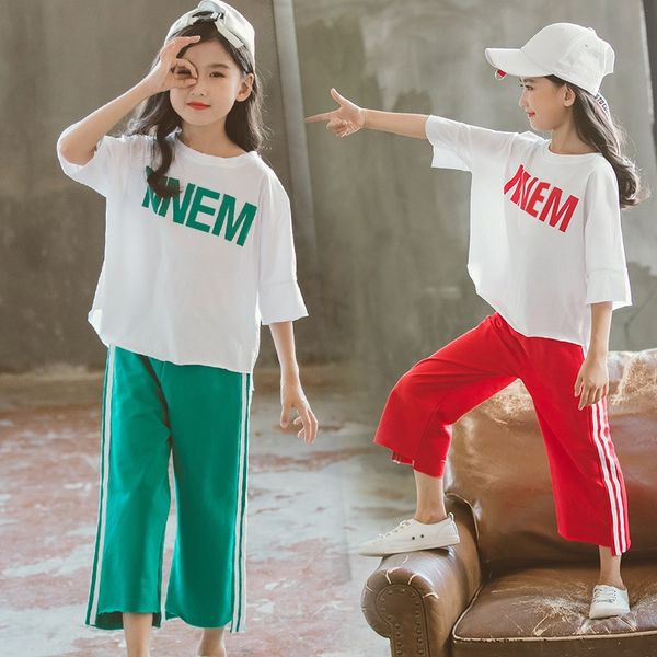 

girls summer children's suit 2020 new sports children's in the big short-sleeved children wide wide leg pants leg pants two-piece