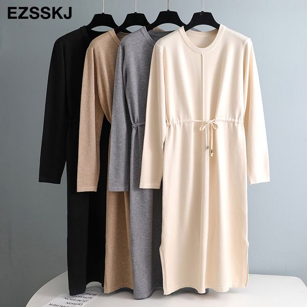 

autumn winter loose oversize sweater straight dress women long knit dress female sweater drawstring warm split side, Black;gray