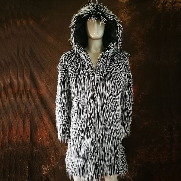 

men's fur & faux winter brand imitation coat long design eco-friendly overcoat thick leather wool outerwear more colour, Black
