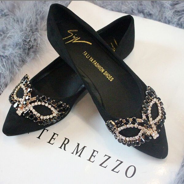 

novelty crystal mask pointed toe flock moccasins woman slip on shallow solid ballet flats women shoes zapatos de mujer 2020, Black