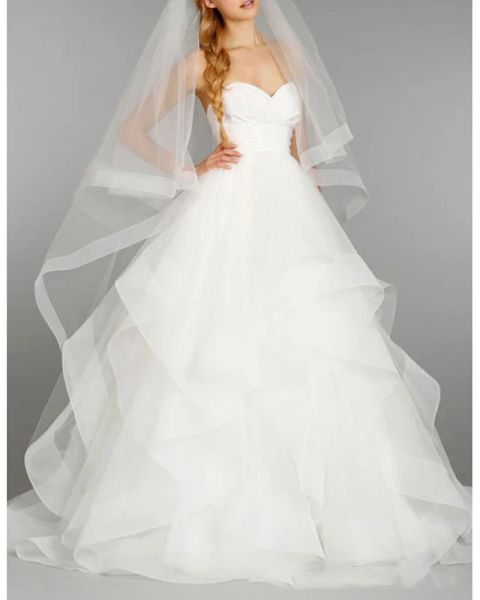 

ball gown wedding dresses strapless floor length tulle sleeveless formal with cascading ruffles, White