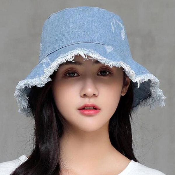 

2020 summer denim wide brim foldable sun hat men women tassel floppy cap anti-uv beach bucket hats female hiking cap, Blue;gray