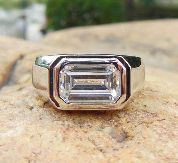 

mens ring, emerald cut 6x8mm in solid 14k white gold setting for men solitare, Silver