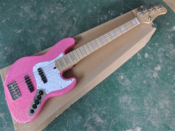 Baixo elétrico rosa de 5 cordas com pickguard de pérola branca, linhas ativas, 20 trastes, hardware cromado, oferta personalizada