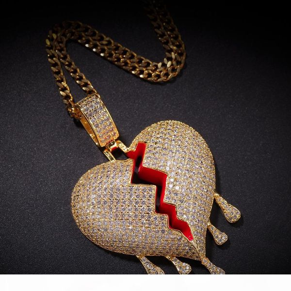 

broken heart pendant necklaces full rhinestone shining boys rock rapper necklace tennis chain mens hip hop jewelry for gift sale, Silver