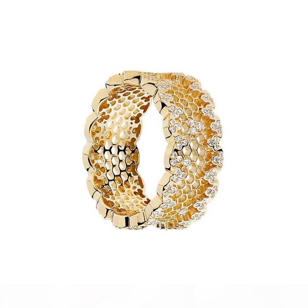 

18k yellow gold plated wedding ring sets original box for pandora 925 sterling silver honeycomb lace ring women girls gift ring, Slivery;golden