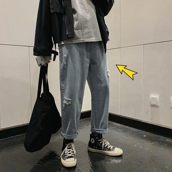 

рваные джинсы летом тонкие bf случайные случайные широкая широкая нога pantsmen-х и модные прямые брюки женских аудиовходов all-матч широко, Blue