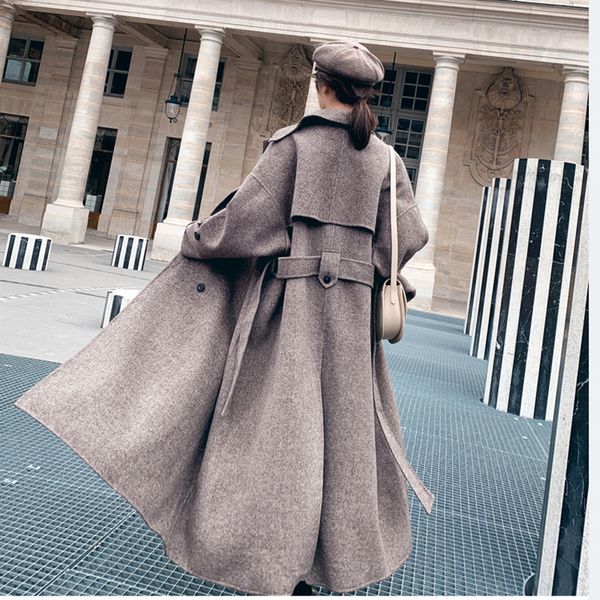 

women's woolen coat long loose thick pure color double breasted autumn winter new retro british style herringbone coat nz1, Black