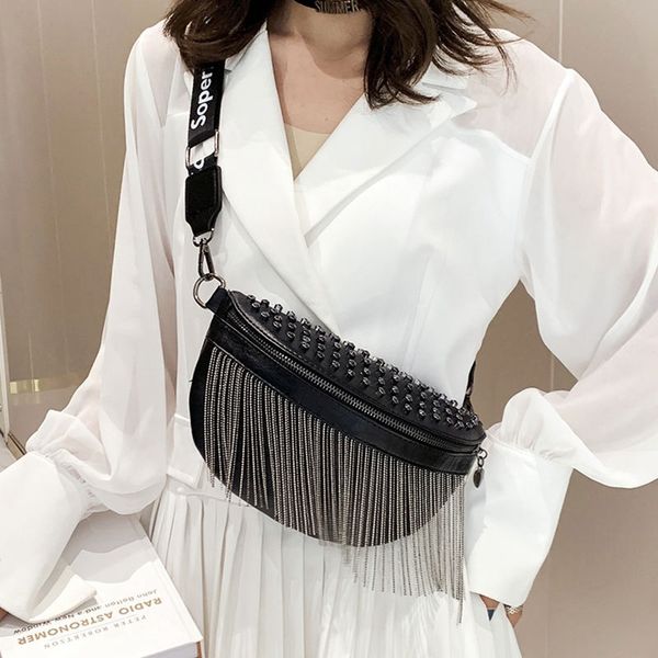 

women punk rivet waist bags tassel cool fanny pack leather chest belt bags crossbody shoulder phone money bum hip purse t200718