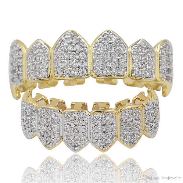 

new hip hop grillz iced out cz mouth teeth grillz caps & bottom grill set men women vampire grills, Black