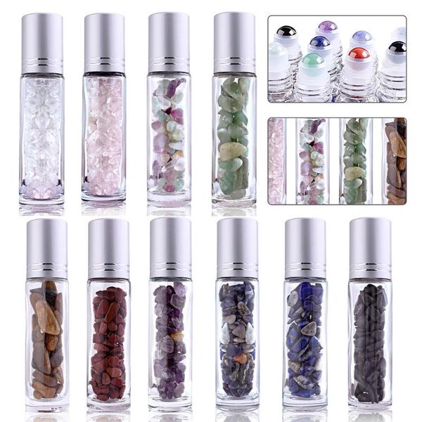 

10color gemstone essential oil bottles refillable roll-on roller storage bottle healing crystal chips semiprecious stones bottle