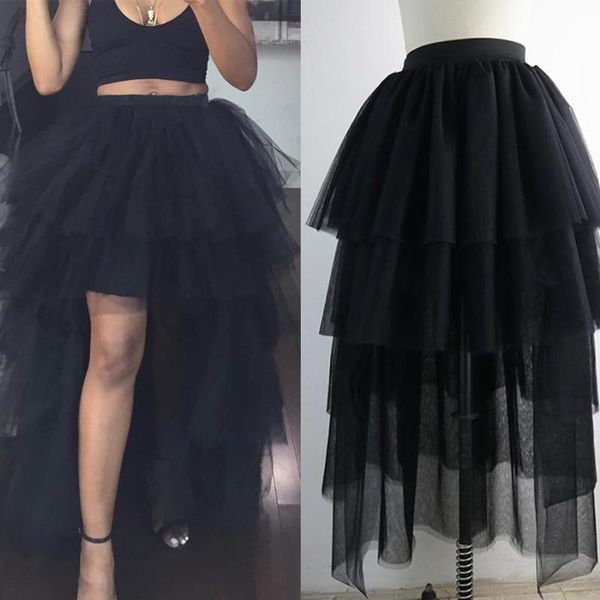

women dinner tulle skirts irregular high elastic waist princess petticoat mesh tutu party saias floor-length faldas jupes, Black