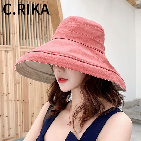 

wide brim hats 2021 fashion cotton linen sun hat for women summer panama two side beach ladies girls outdoor korean bucket, Blue;gray
