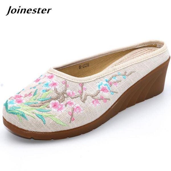 

ladies' linen upper round toe ethnic embroidery wedges casual slipper vintage women slides versatile sandal beige black red