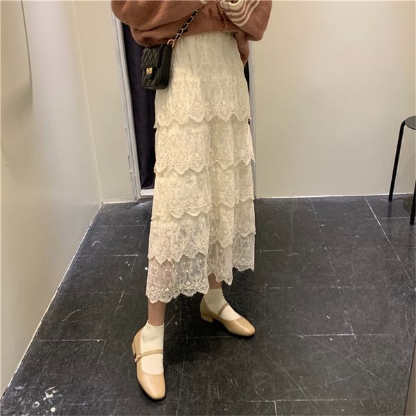 

long lace skirt ladies skirt women 2020 korean elegant crochet a line elastic high waist skirt maxi skirts clothes, Black