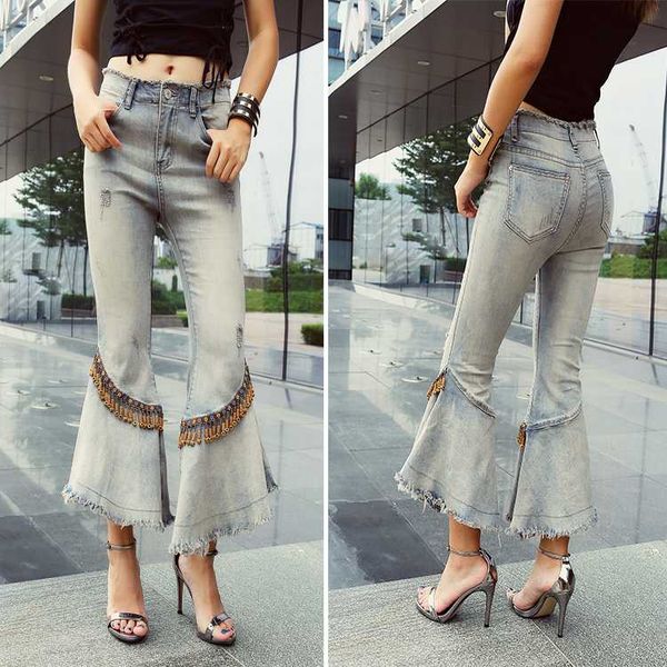 

washed ankle-length-pants jeans women's beaded denim pants old elastic heavy work tassel slim flared pants high waist trousers, Blue