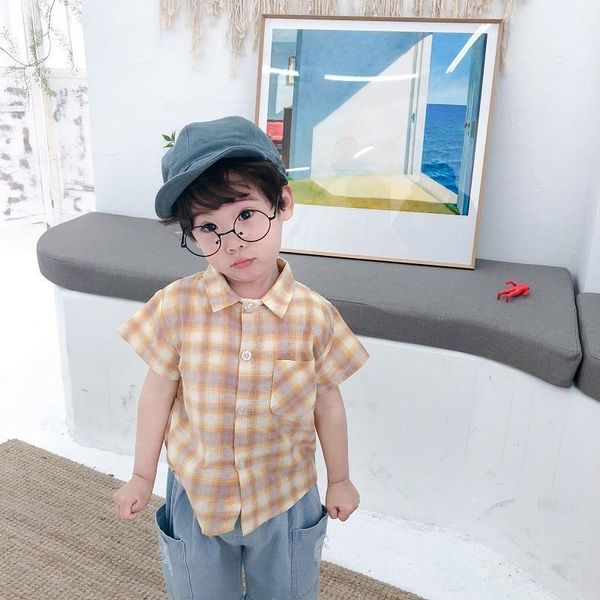 

tszyq yiran clothing 2019 summer fashionable cotton tong chen shan children's tong chen shan men's shirt plaid lapel short sleeve, White;black