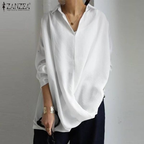

2020 autumn long sleeve shirt zanzea elegant solid work blouse women casual v neck cotton linen blusas tunic chemise, White