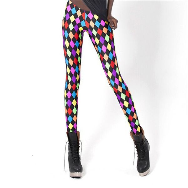 

colours polyester geometric diamond leggings elastic fitness digital printed elastic thin punk fahsion ladies pants, Black