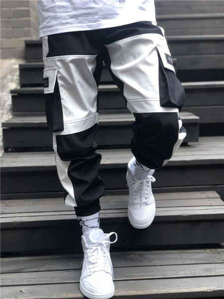 

fashion streetwear men multi pockets cargo pants casual drawstring mid waist joggers pants men loose small foot plus size, Black