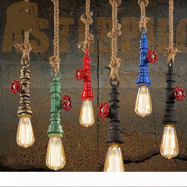 

diy loft retro industrial vintage steampunk water pipe colorful pendant lamp e27 hemp rope light for bar restaurant dining room