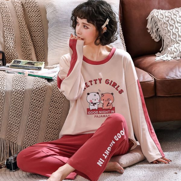 

meishufen autumn new clothes home furnishing clothing women's cotton long-sleeved casual outdoor sleeping suit home clothes, Blue;red