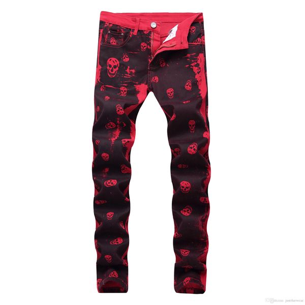 

men's jeans mens trousers casual red denim zipper print fashion male long pants motorcycle biker washing, Blue