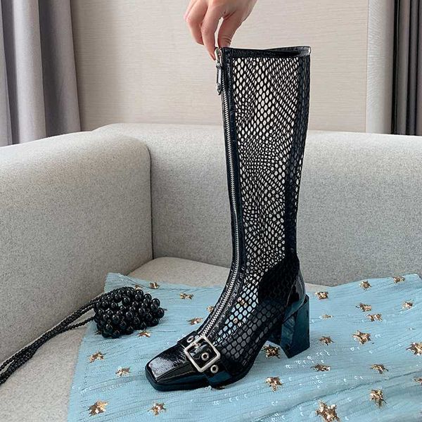 

summer women's knee high boots woman metal decotaion thick high heels ladies pumps party working shoes woman, Black