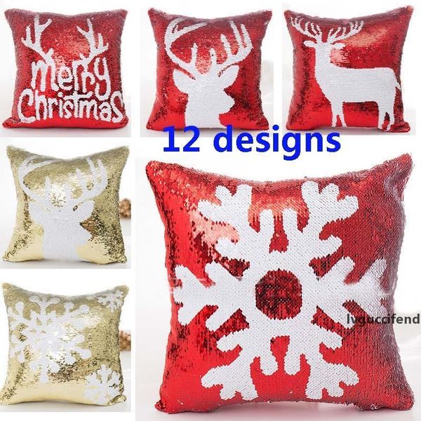 

double sequin christmas pillow case cover snowflake reindeer pillowcase home sofa car cushion cover xmas decoration without core hh7-1474