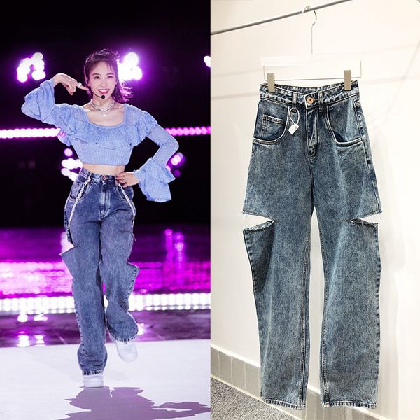 

women pant side knife cutting holes jeans pants loose high waist show thin hip hop straight pants woman, Blue