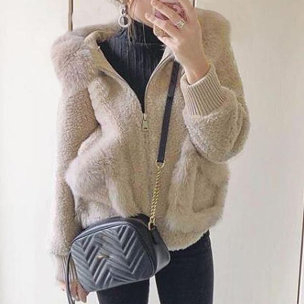 

women hoodies autumn solid beige hood fur elegant korean office ladies basic sweet sweatshirt spring short fleece coat jacket, Black;brown