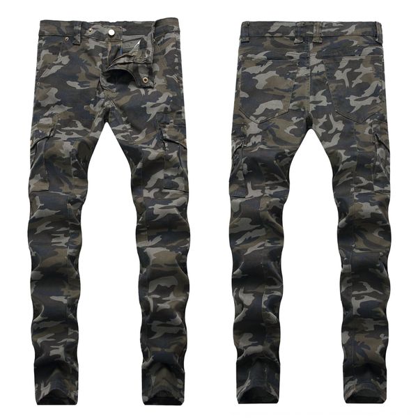 

and camouflage multi-pocket straight slim fit micro elastic men's jeans trendy men's jeans, Blue