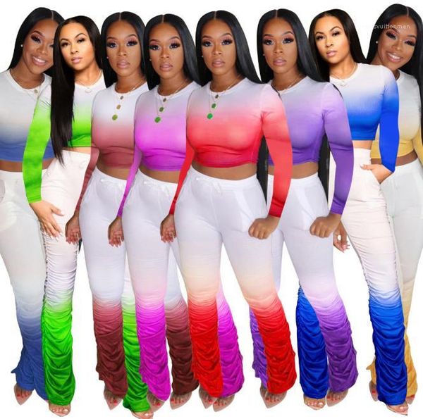 

new women designer clothing women gradient stacked pants set fashion o neck long sleeve crop 2 piece set, White