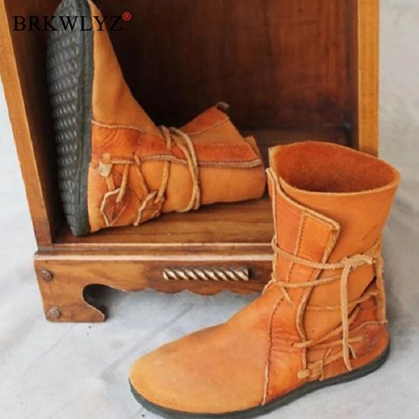 

pu leather women boots lace up flat with platform ladies shoes autumn winter vintage western mid calf boots zapatos mujer, Black