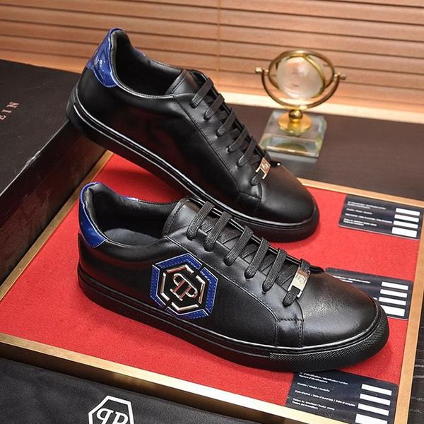 

new men sneakers shoes comfort platform leather lace -up leather casual mens shoes with box fashion sneakers flats lo -sneakers hexagon, Black