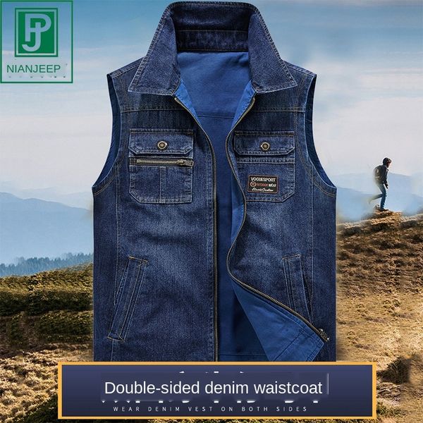 

джинсовых куртки мужской двухсторонняя джинсовой куртки рыбалка жилета на открытом воздухе отдых мульти-карман моды жилета мужчин, Black;white