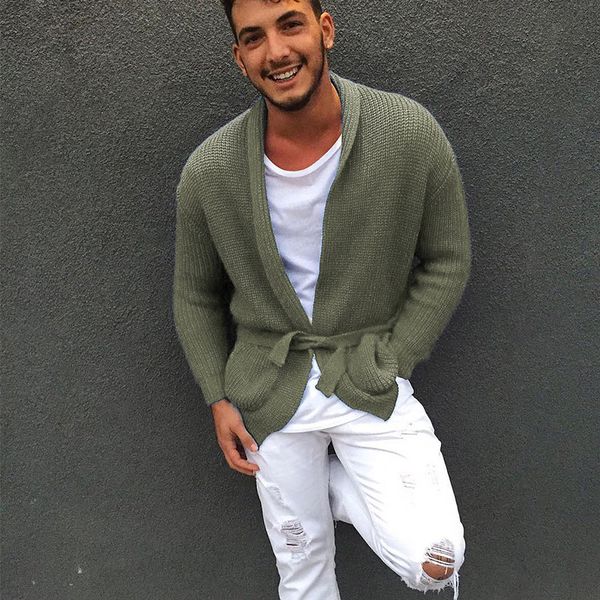 

men's sweaters solid cardigan sweater men 2021 autumn knitted coat casual slim fit pull homme with belt male knitwear xl, White;black