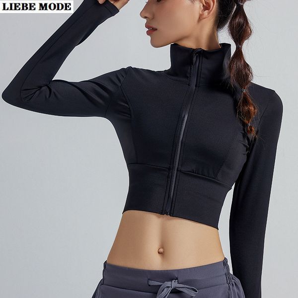 

quickly dry long sleeve stand collar yoga jacket coat women sportwear gym running slim cropped clothing 2020 autumn winter, Black;red