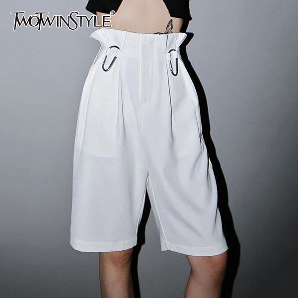 

twotwinstyle casual loose women knee length pants high waist ruched pleated wide leg pant for female fashion 2020 summer clothes, Black;white