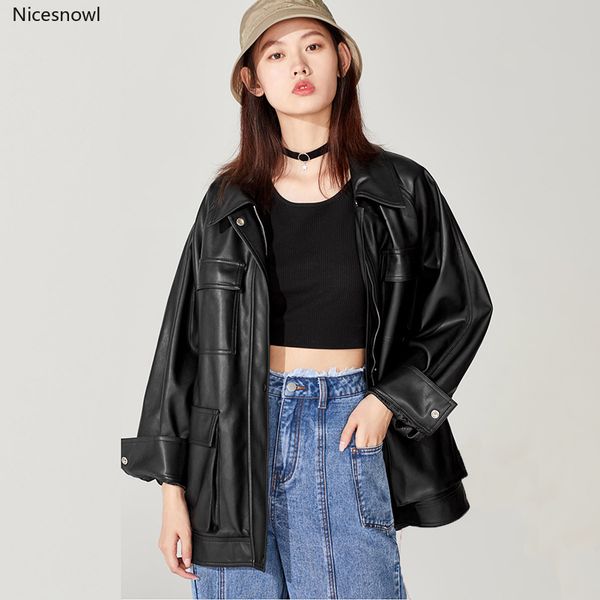 

spring faux leather jackets women turn-down collar long sleeve oversized plus size pu coat with many pockets 4xl 5xl, Black