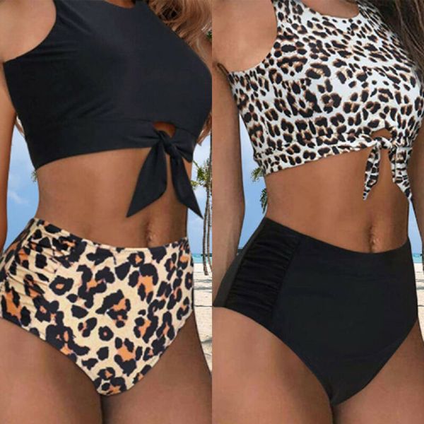 

2020 womens leopard swimwear 2pcs high waist split swimsuit holiday brazilian bikini set polyester beachwear bikinis 2020 mujer, White;black