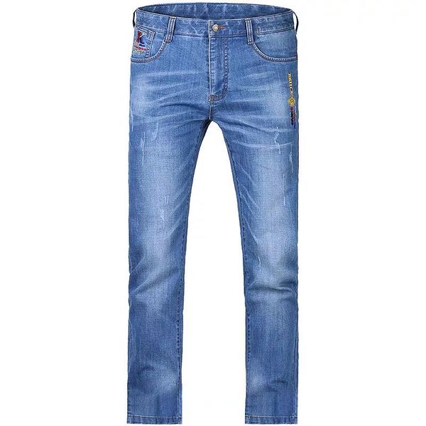

new jeans men jeans fashion casual embroidery straight leg thin soften stretching cotton big size 28 to 42 8262, Blue