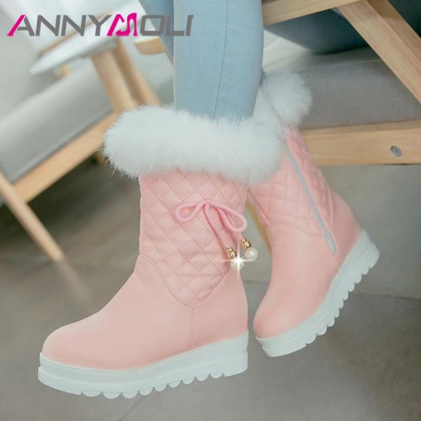 

annymoli platform mid calf boots high heel snow boots woman bow height increasing shoes zip round toe lady winter warm 43, Black