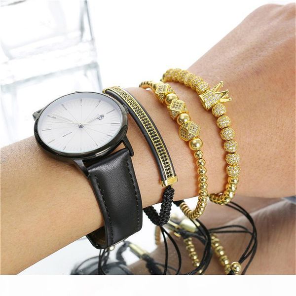 

hip hop couple crown beads bracelet set cubic micro pave cz ball charm braided bangle men 3pcs set luxury vintage jewelry pulseira, Golden;silver