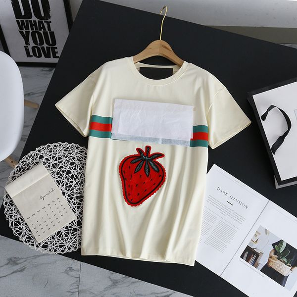 

women's fashion trendy brand t-shirt strawberry print loose t-shirt pure cotton short sleeve round neck casual t-shirt, White